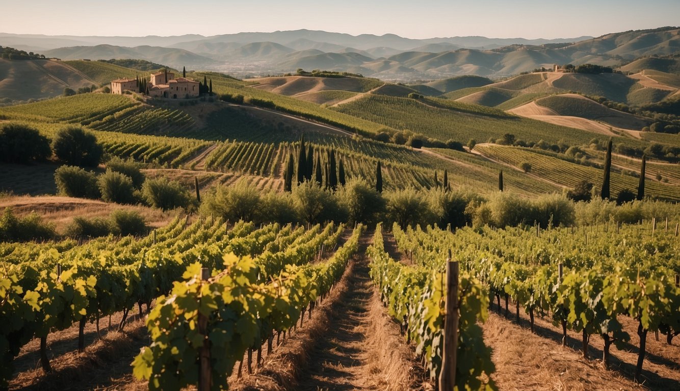 Vineyards stretch across rolling hills, with ancient Roman ruins in the background. Grapes hang heavy on the vines, ready for harvesting