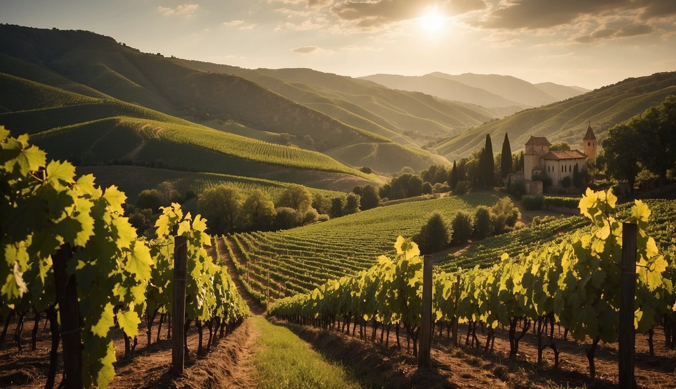 Rolling hills, lush vineyards, and a medieval monastery nestled among the landscape. Sunlight filters through the clouds, casting a warm glow on the rows of grapevines, while a gentle breeze carries the scent of fermenting wine