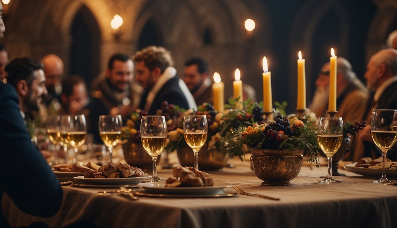 A Roman banquet table with various wine vessels, grapes, and decorative goblets. Medieval tapestries and ornate chalices adorn the room