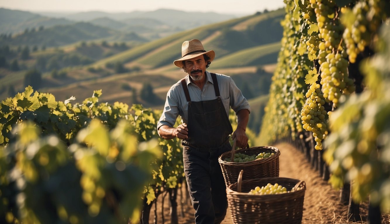 Vineyards stretch across rolling hills, workers harvest grapes, and merchants barter wine in bustling marketplaces