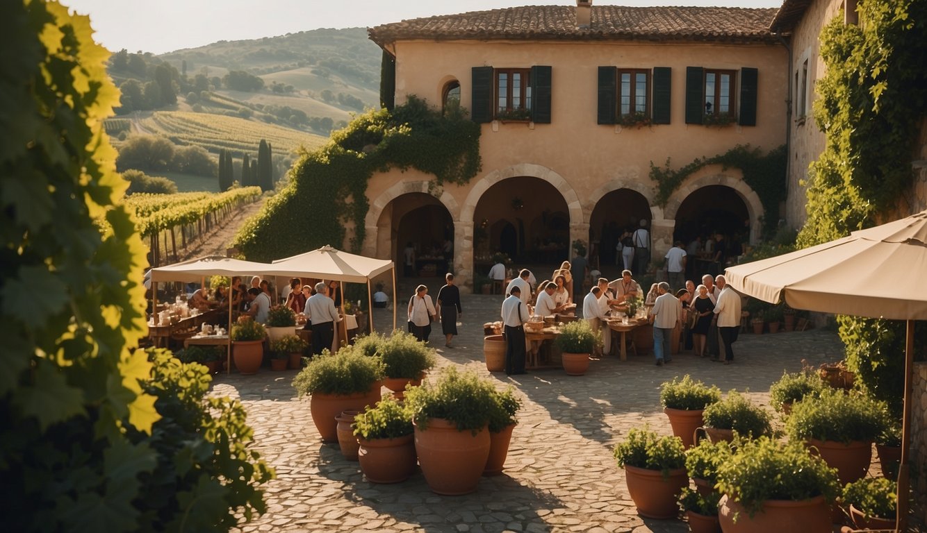 A Roman villa with a vineyard, surrounded by rolling hills and a bustling medieval market with merchants selling wine and people enjoying it