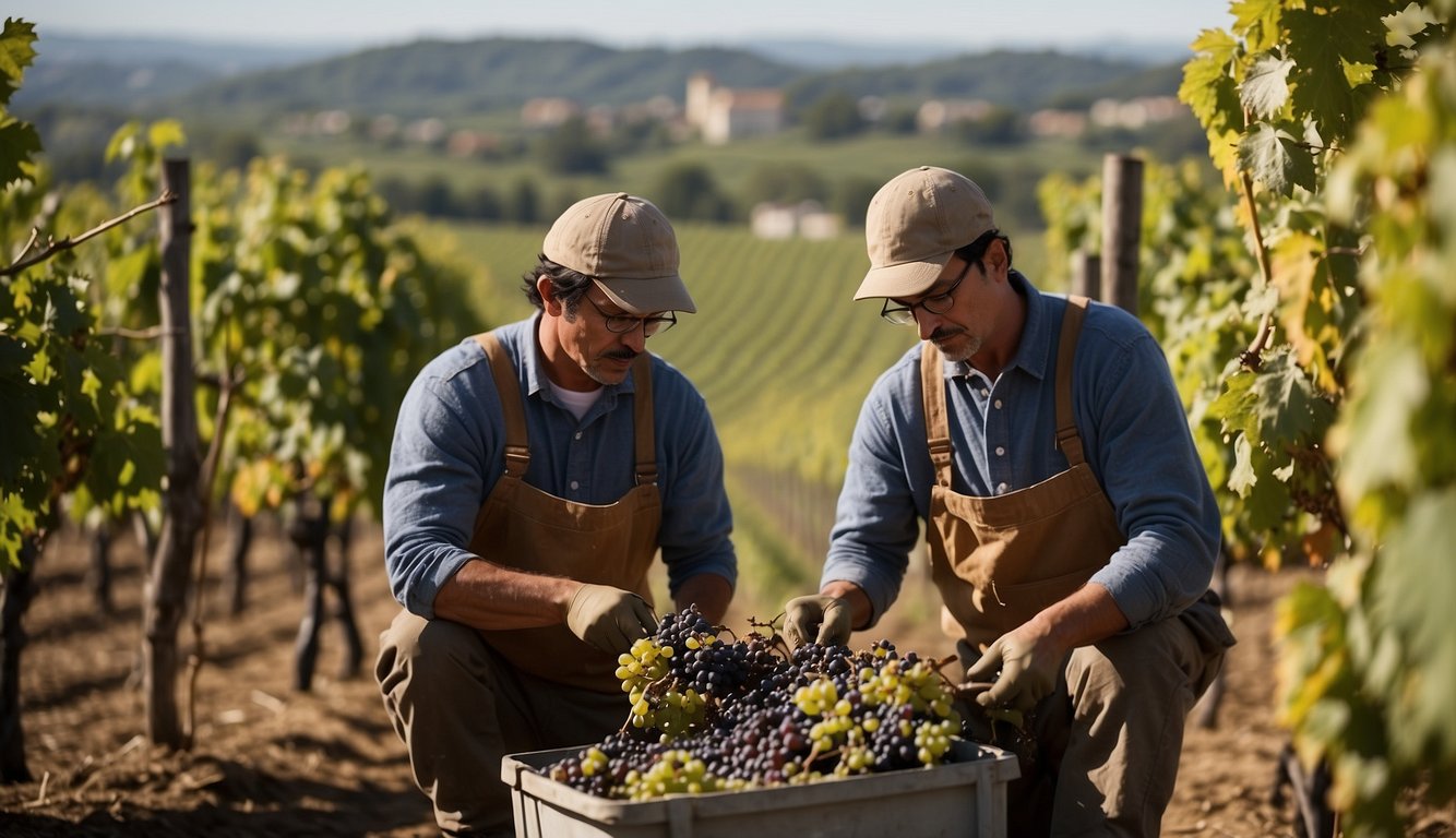 Vineyard workers using new tools and methods to prune and train grapevines, with a backdrop of Renaissance architecture and scientific instruments