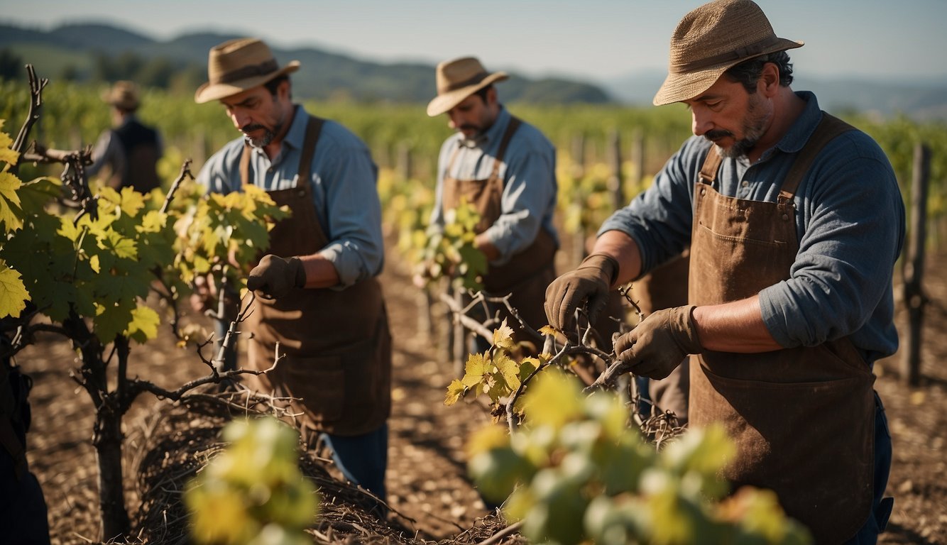 Vineyard workers in Renaissance Europe use new techniques like pruning and grafting to improve wine quality, while scholars study ancient winemaking texts