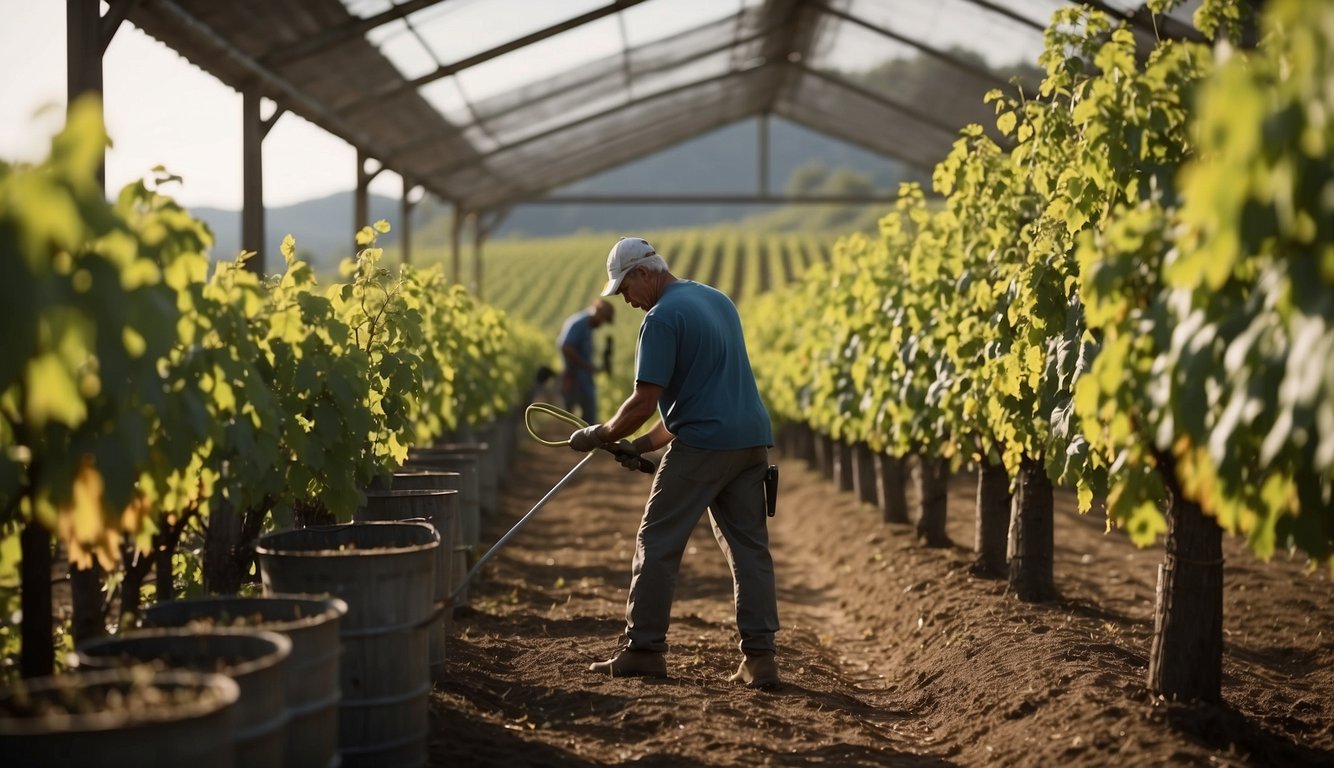 Vineyards with new trellising methods, workers using advanced pruning techniques, and large barrels for fermentation. Scientific equipment for testing acidity and sugar levels