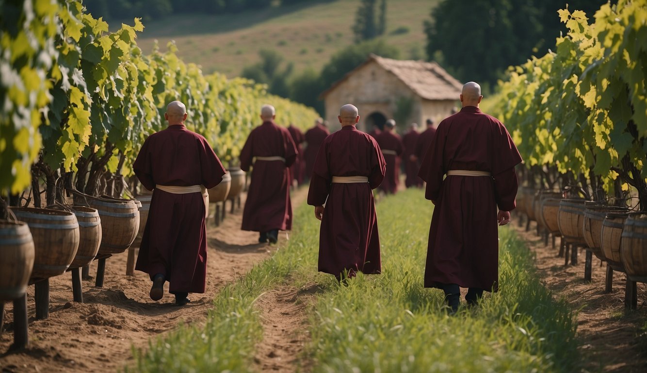 Monks tending to grapevines in monastery vineyards, with barrels of wine aging in the cellar, and religious orders overseeing the advancement of wine production