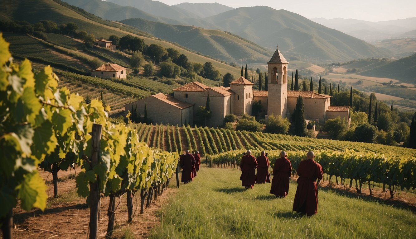 A monastery nestled in rolling hills, with grapevines stretching across the landscape. Monks tending to the vines, while others work in the winery, showcasing the cultural and economic impact of monastic wine production during the Enlightenment