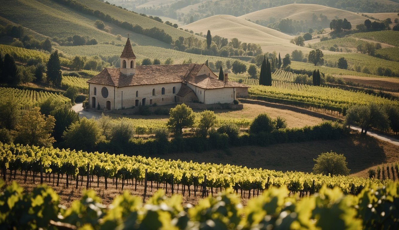 Rolling hills surround a medieval monastery, with vineyards stretching across the landscape. Monks tend to the grapevines, while a winery hums with activity, showcasing the crucial role of religious orders in advancing winemaking during the Enlightenment