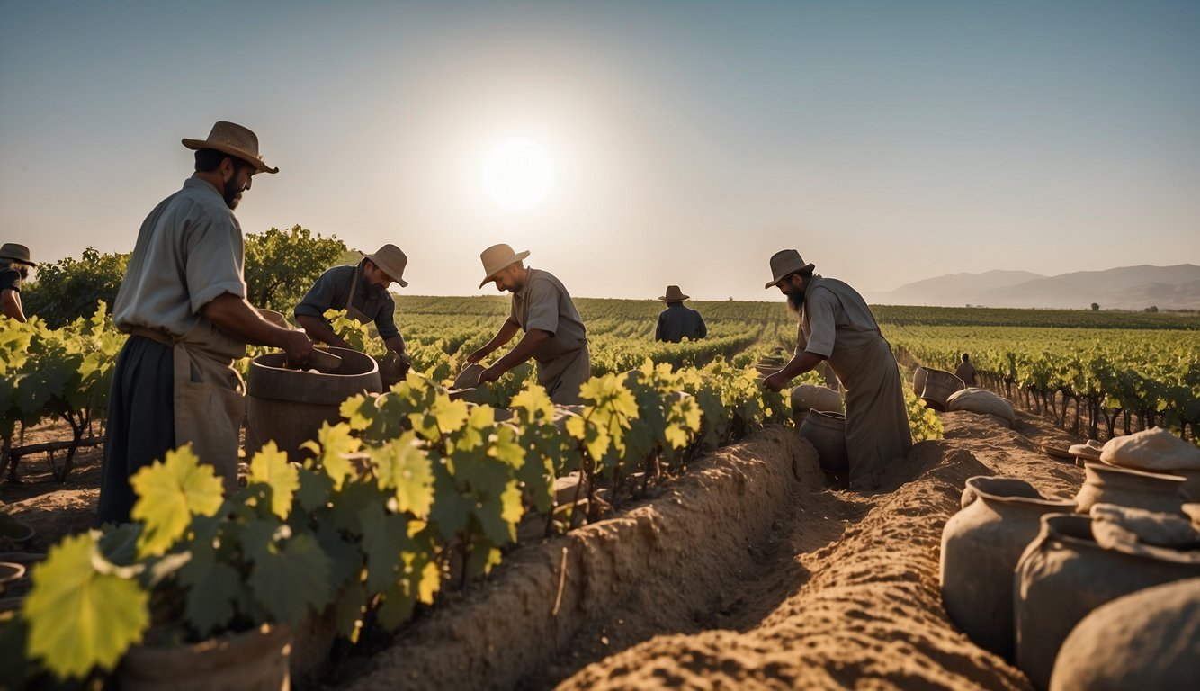 Vineyards stretching across the fertile Mesopotamian landscape, with workers harvesting grapes and pressing them into clay jars for fermentation