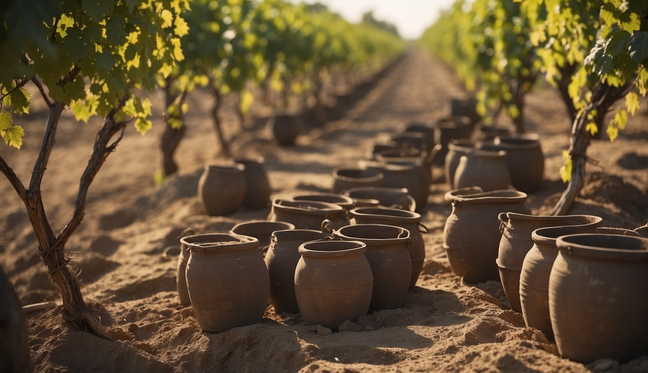 Vines being tended to in ancient Mesopotamia, with clay pots and tools nearby, as the early stages of winemaking take place