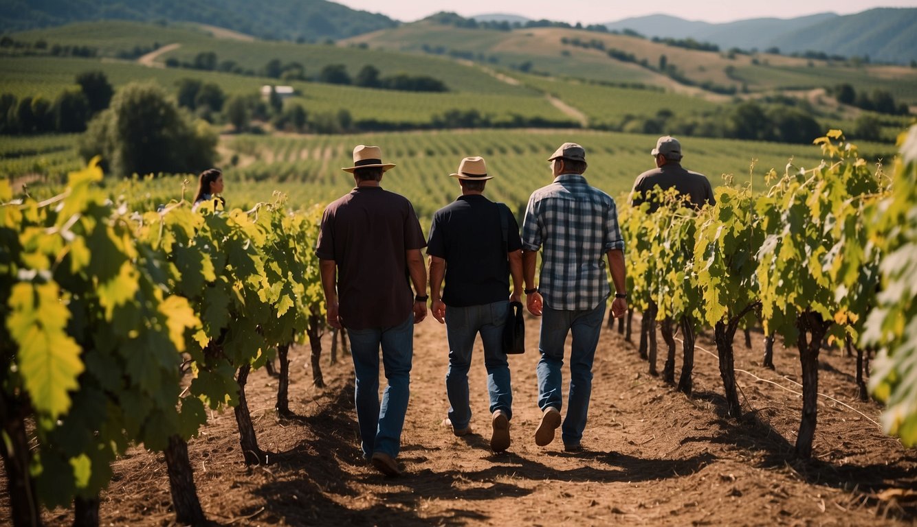 Vineyards bustling with tourists, workers harvesting grapes, and wine sales booming despite economic crises