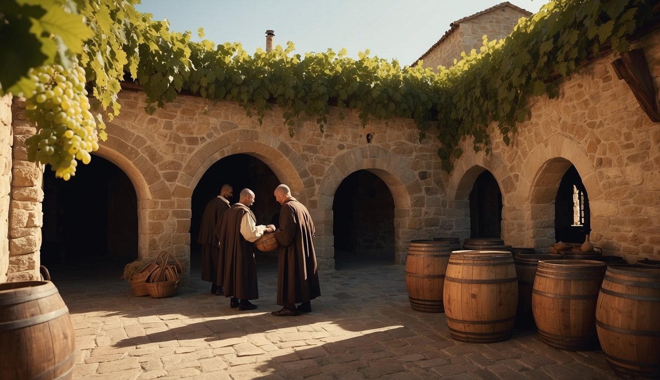 A medieval monastery with stone buildings and vineyards. Monks tending to grapevines, pressing grapes, and storing wine in large wooden barrels