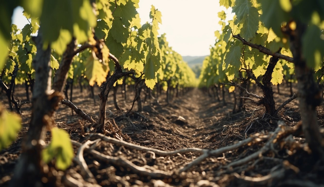 Vineyards ravaged by phylloxera, with withered and dead vines contrasted against new growth and replanted areas, showcasing the ongoing battle and recovery of global wine production