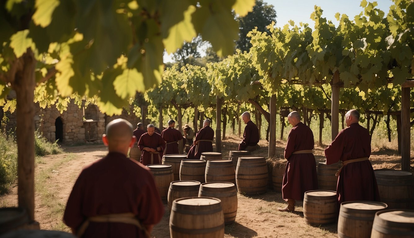 Monks tend to grapevines in a sun-drenched medieval vineyard, while others crush grapes in large stone presses. Barrels line the cellar, where wine ferments and ages