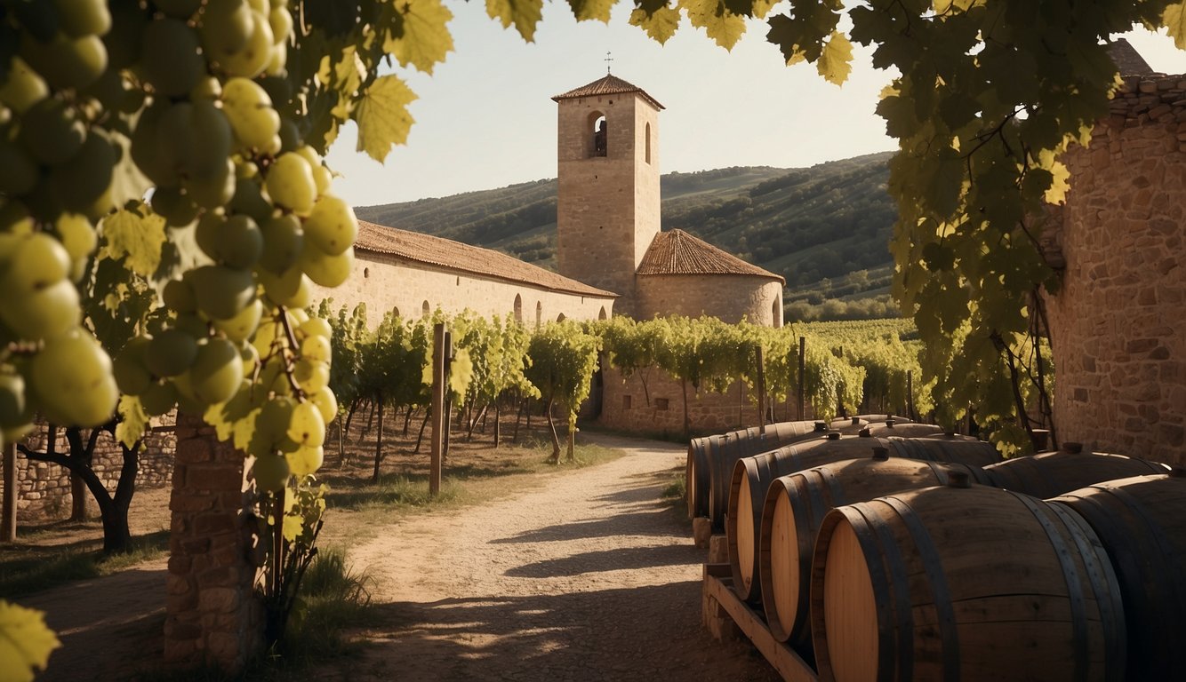 Medieval monastery with rows of grapevines, monks tending to the vineyard, large barrels for wine fermentation, and a stone wine cellar for storage