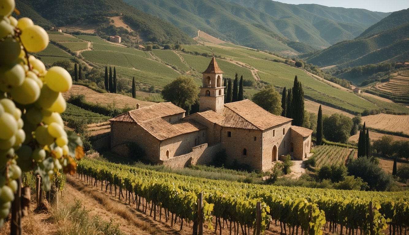 A medieval monastery nestled in rolling hills, with vineyards stretching as far as the eye can see. Stone buildings with arched windows and clay tile roofs dot the landscape, while workers tend to the grapevines under the warm sun