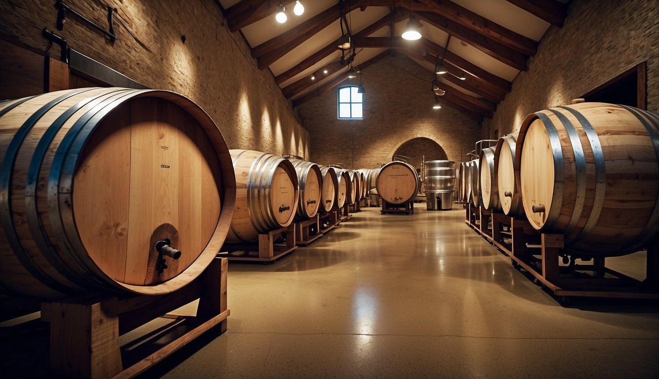 A vineyard with traditional and modern winemaking equipment, showcasing the evolution of wine production. The scene includes oak barrels, stainless steel tanks, and advanced machinery