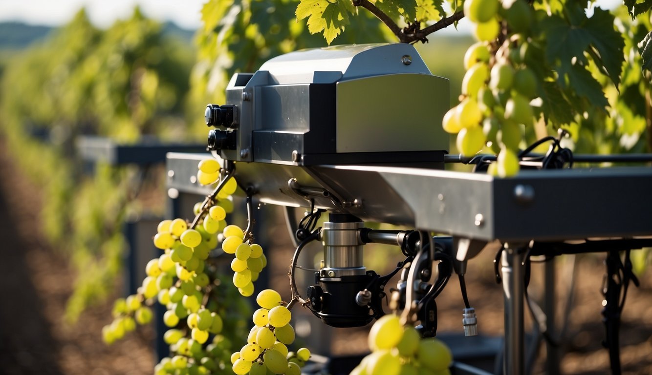 A vineyard with robotic vine pruners, automated harvesting machines, and state-of-the-art fermentation tanks