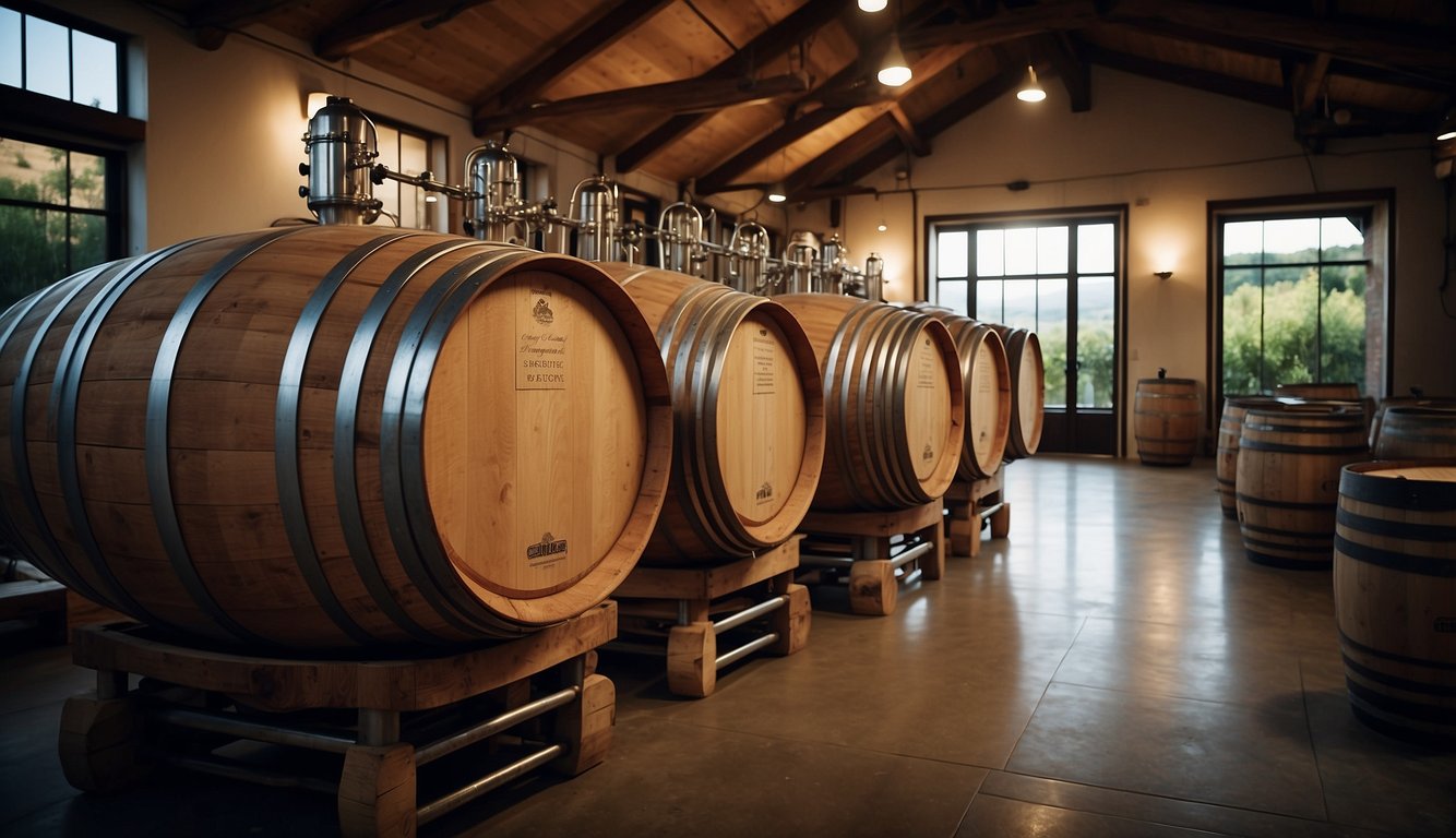 Vineyard landscape with traditional and modern winemaking equipment, showcasing the impact of climate change on wine production