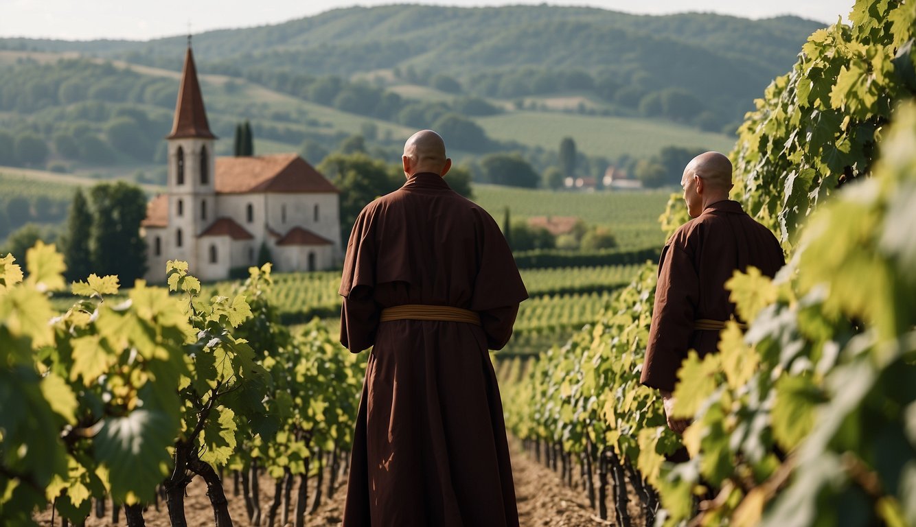 Monks tend the grapevines, surrounded by the grandeur of a medieval monastery, shaping European viticulture with their knowledge and dedication