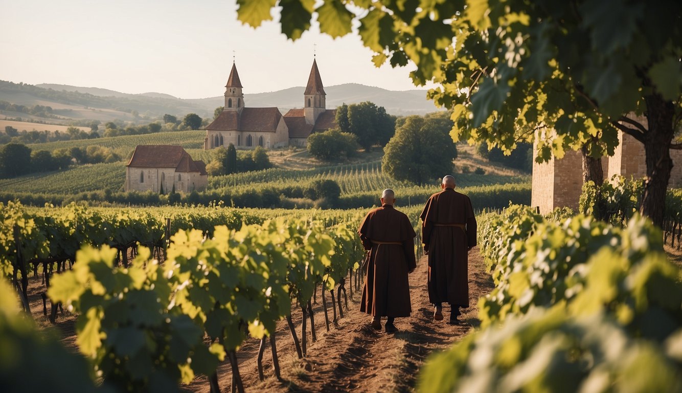 Monks tending to grapevines in a tranquil European vineyard, with a medieval church in the background, symbolizing the pivotal role of the Church in shaping viticulture