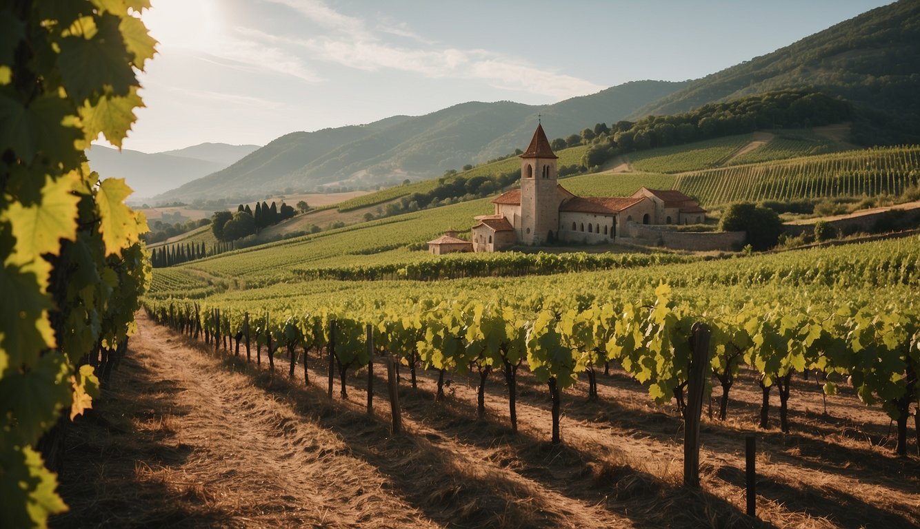 A peaceful vineyard, nestled within the walls of a medieval monastery, with rows of grapevines stretching into the distance, tended to by diligent monks