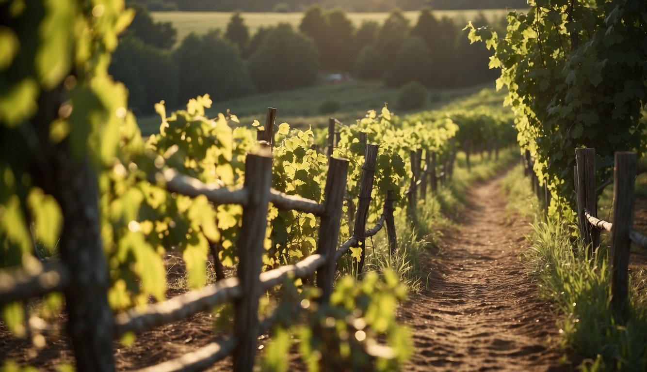 Vines twist around sturdy wooden posts, reaching towards the bright sunlight in a lush, green vineyard. A stone path winds through the rows, leading to a rustic, weathered farmhouse nestled among the vines