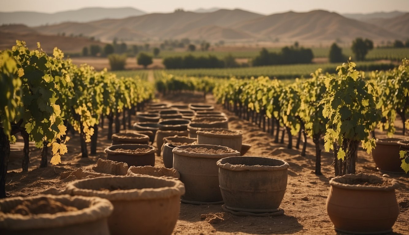 Vineyards sprawl across the fertile Mesopotamian landscape, as ancient people harvest grapes and ferment them in clay pots, symbolizing the birth of winemaking and its cultural significance