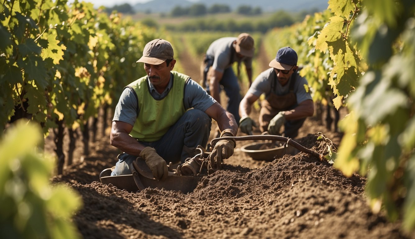 Vineyard workers use traditional tools alongside modern machinery to cultivate grapes in a lush, sun-drenched New World landscape