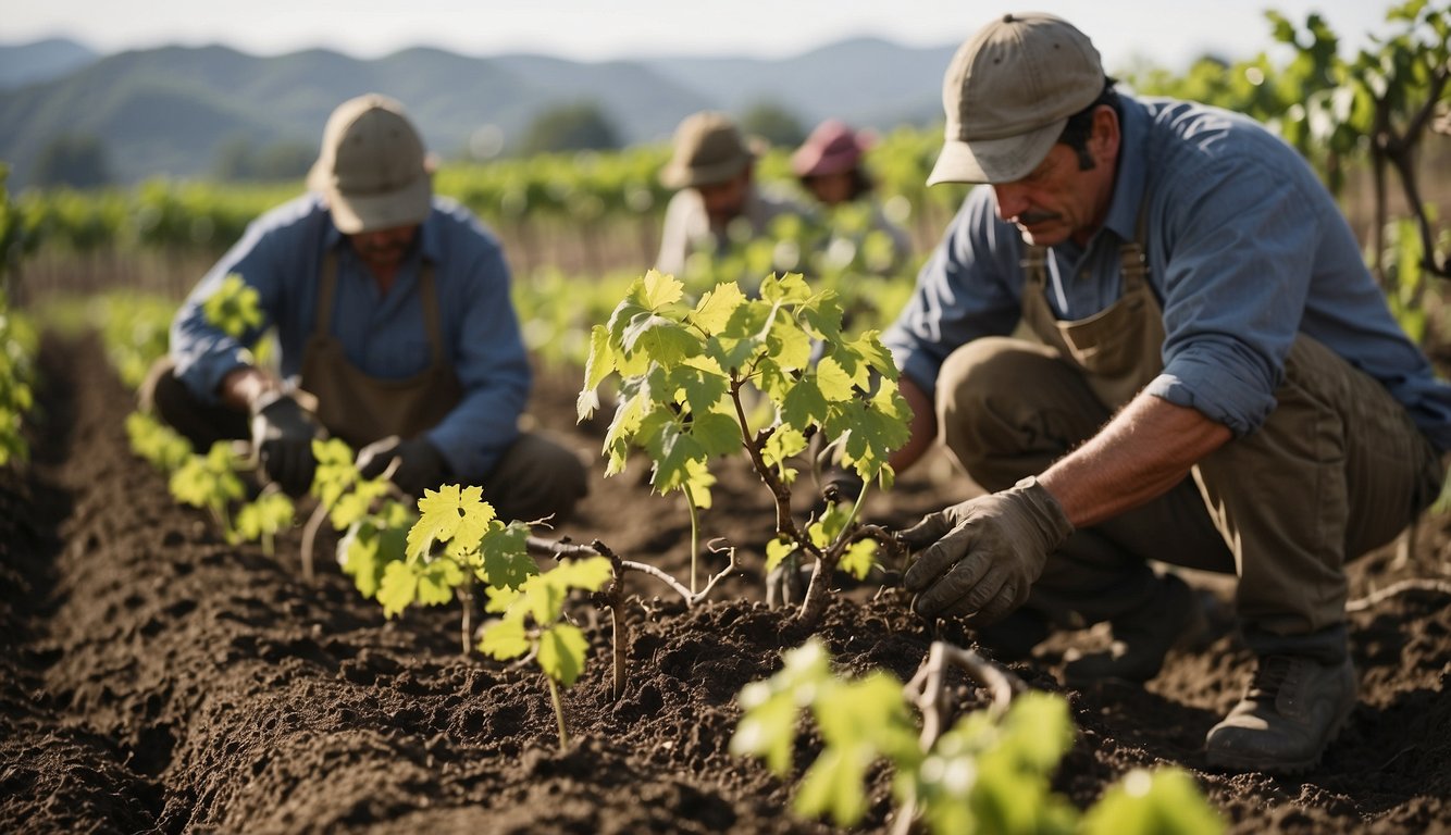 Vineyard workers transplanting Old World vines into New World soil, adapting traditional techniques to innovate in early New World vineyards