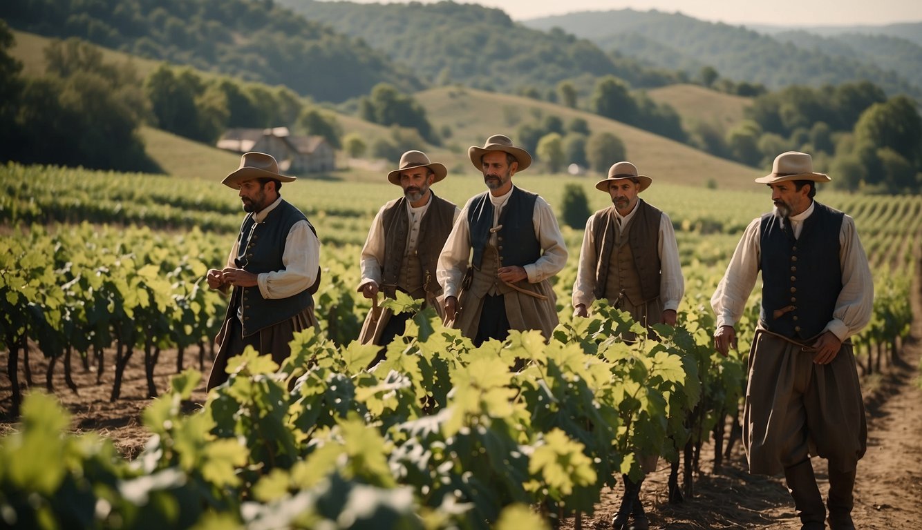 French Huguenots disembark ships, greeted by lush, rolling hills. They work tirelessly, planting vineyards that stretch across the Carolinas