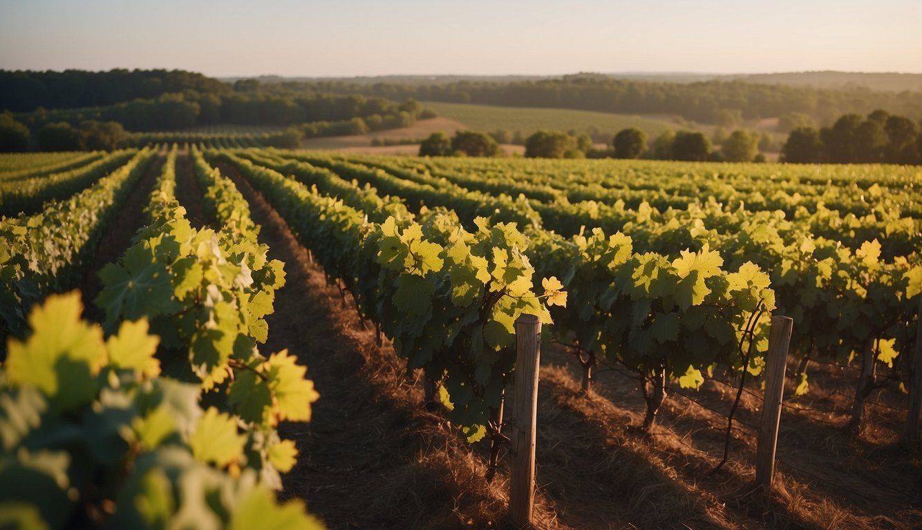 Vineyards sprawl across the Carolina landscape, tended by French Huguenots. Agriculture thrives, with rows of grapevines and lush greenery