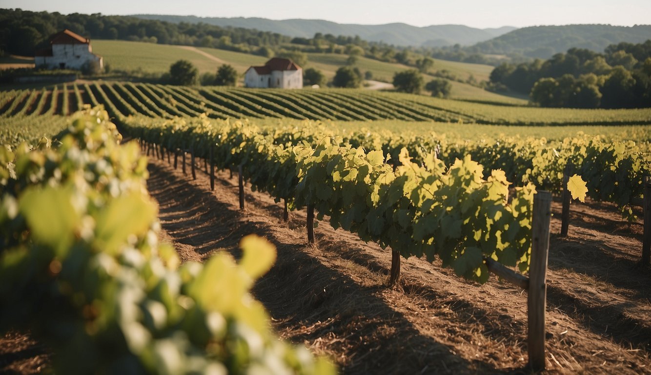 French Huguenots plant vineyards in the Carolinas, influencing local culture and economy. The landscape features rolling hills, grapevines, and colonial architecture