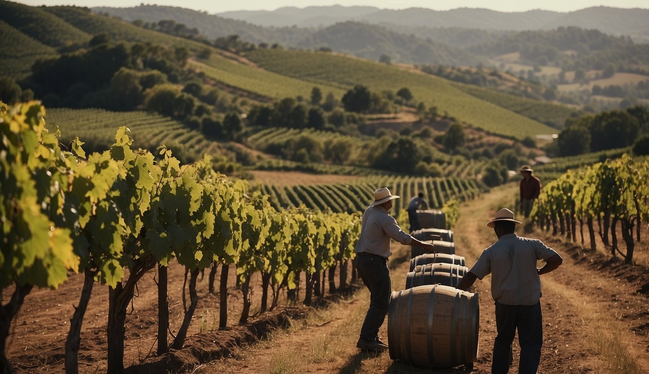 Vineyards stretch across rolling hills, with workers tending to the grapevines. Ships unload barrels of wine at bustling colonial ports. Wine flows at social gatherings, shaping the economic and social fabric of colonial society