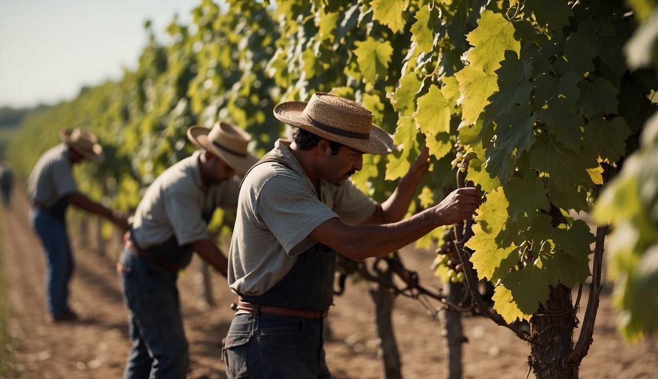 Vineyard workers tend to grapevines, facing challenges. Wine plays vital role in colonial society, impacting social and economic dimensions