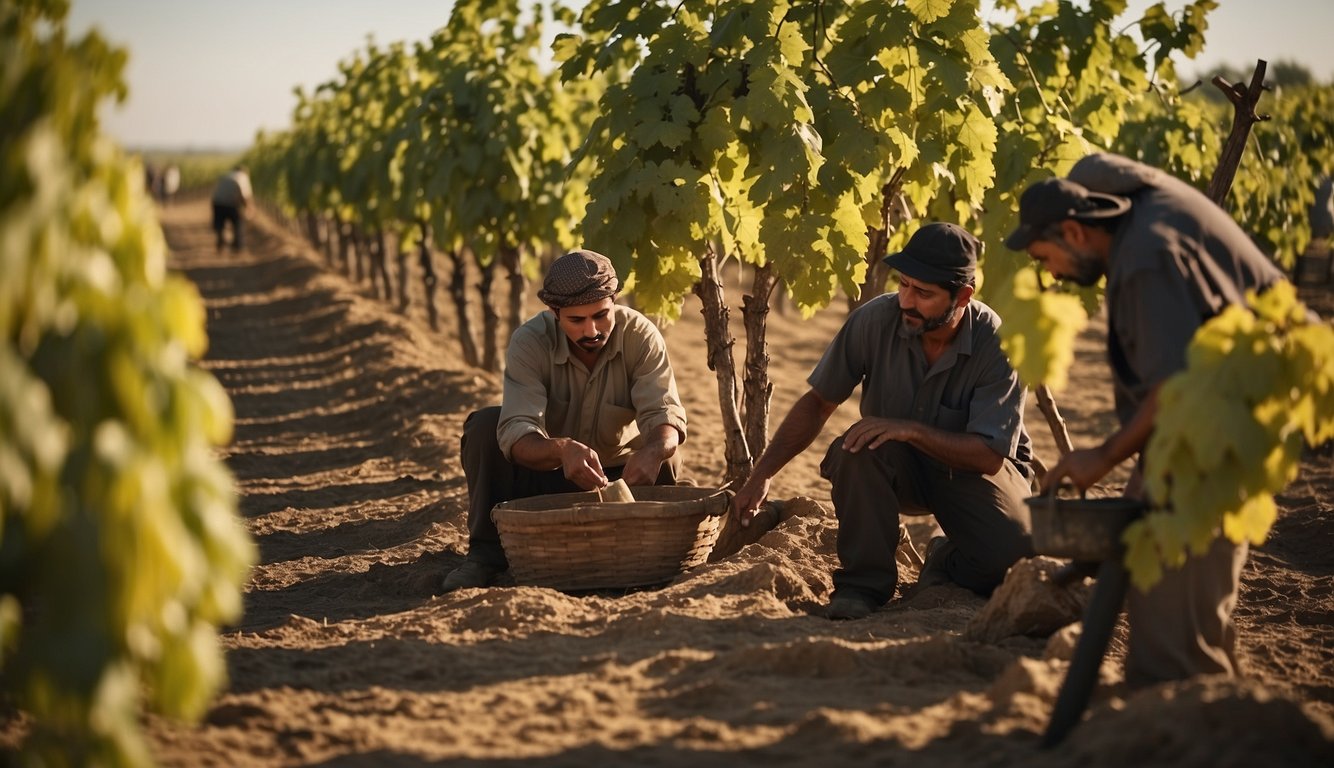 Vineyards in ancient Mesopotamia, with workers tending to grapevines and pressing grapes to make wine. Nearby regions observe and learn winemaking techniques