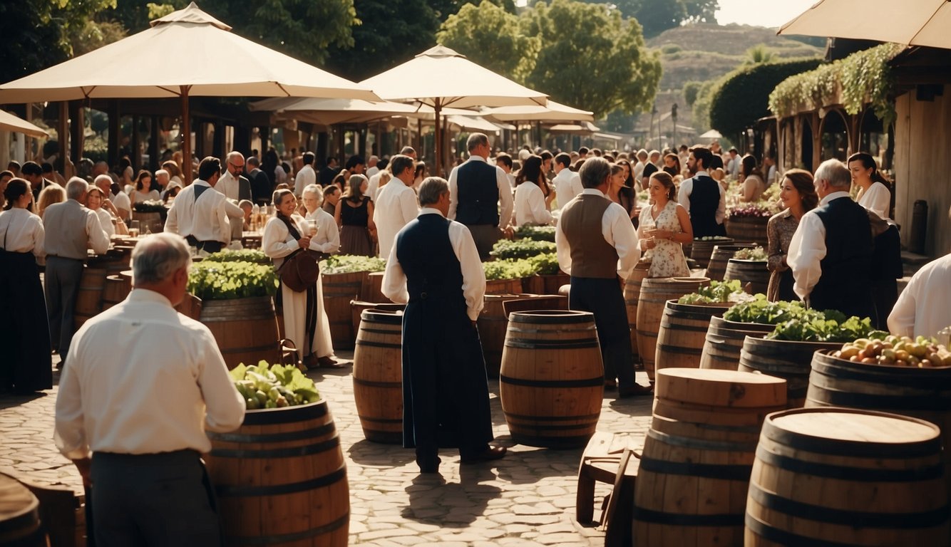 A bustling colonial marketplace with merchants trading wine barrels, while aristocrats socialize at a lavish wine tasting event