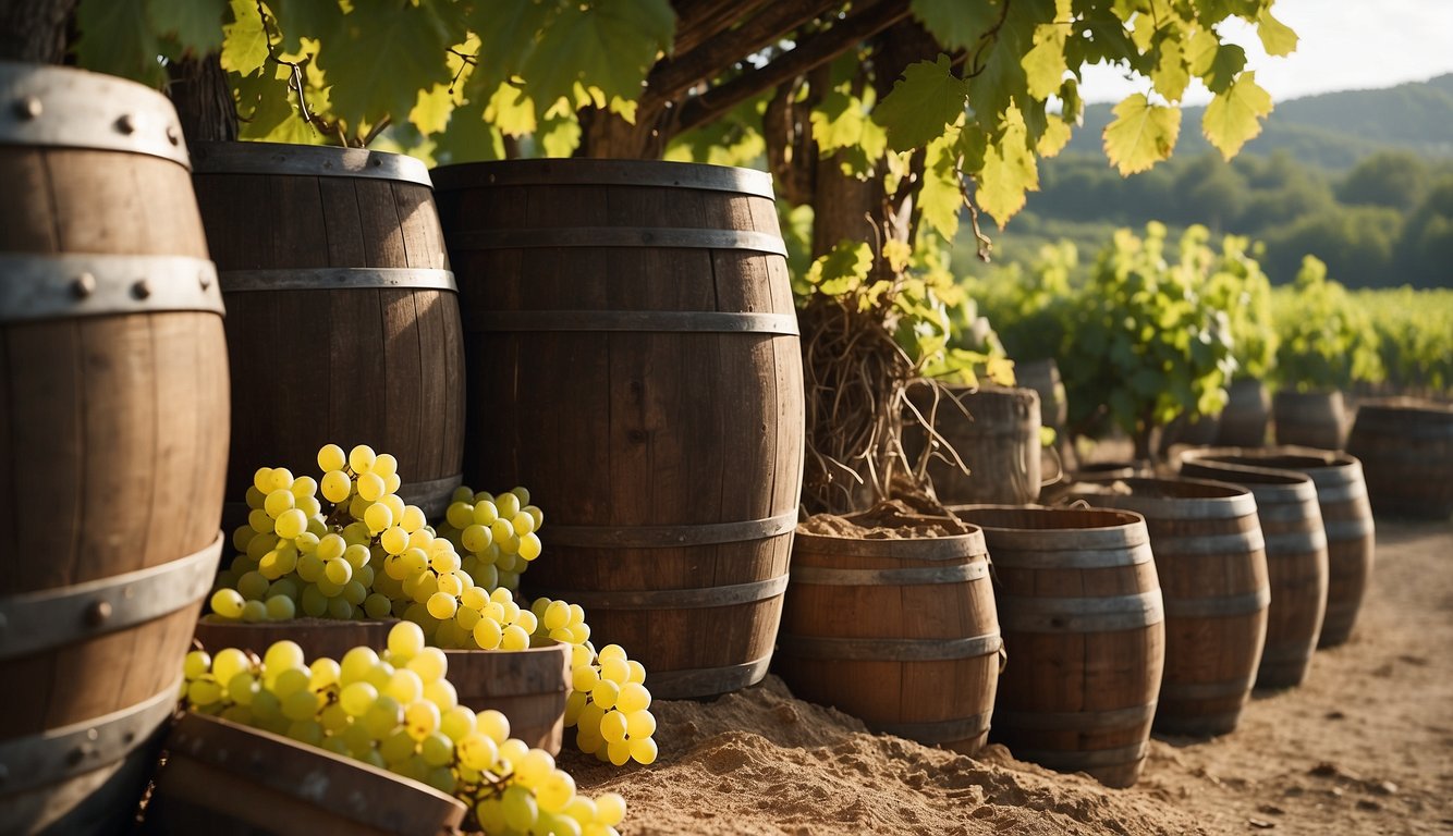 Vineyard with stone fermentation tanks, clay amphorae, and wooden barrels. Grapes being crushed by foot. A rustic winery with tools and equipment