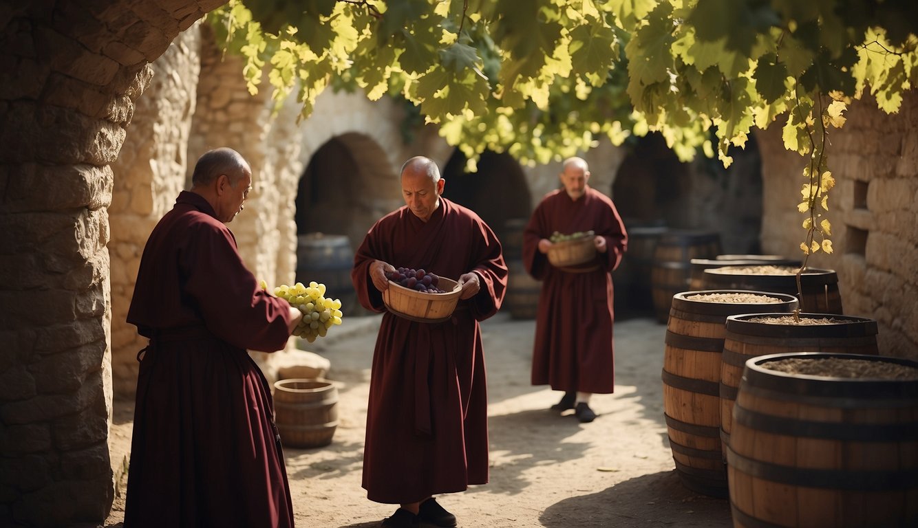 Monks tend to grapevines in a medieval monastery, pressing grapes into barrels and fermenting wine in stone cellars