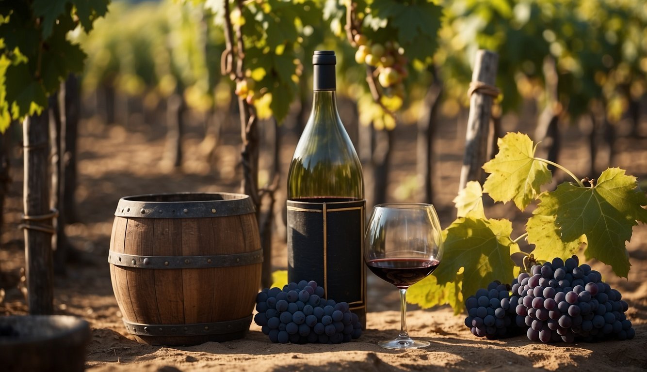 Vineyard with ancient Roman and medieval winemaking tools, barrels, and grape vines, transitioning to modern scientific equipment and techniques