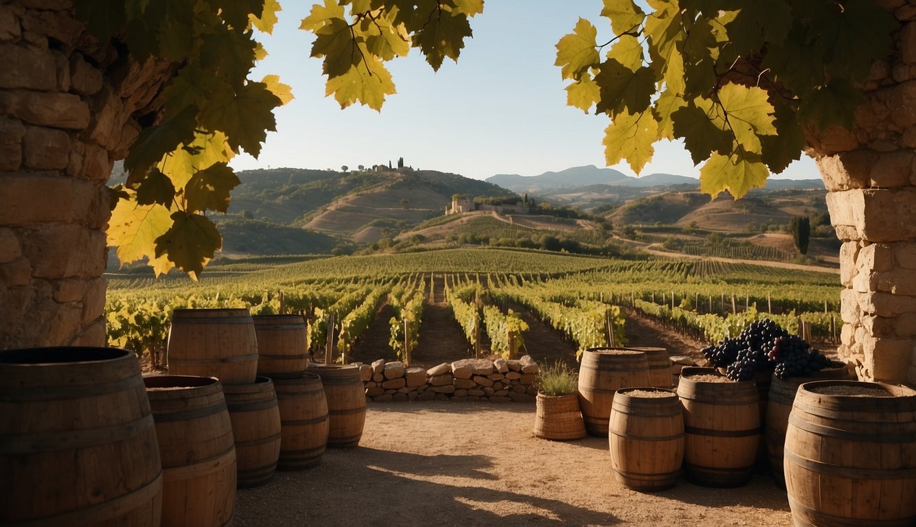 Vineyards and ancient ruins show Roman and Medieval winemaking. Grapes, barrels, and tools reflect cultural and economic impact