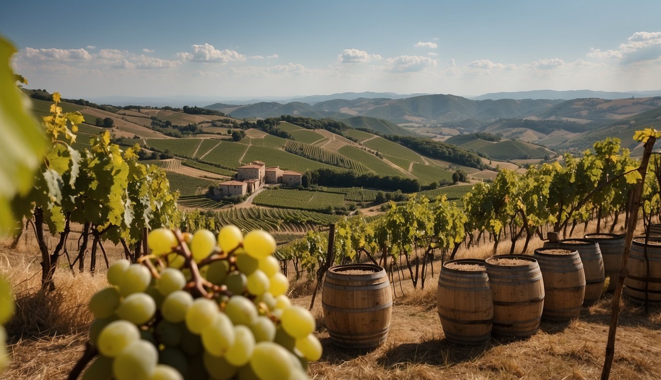 Rolling hills covered in vineyards, with stone castles and monasteries dotting the landscape. Grapes being harvested and pressed into barrels