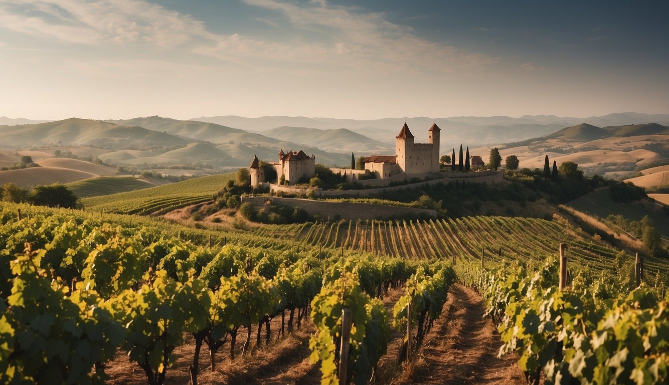 Vineyards sprawl across rolling hills, with stone castles in the distance. Monks tend to the vines, as merchants travel along trade routes