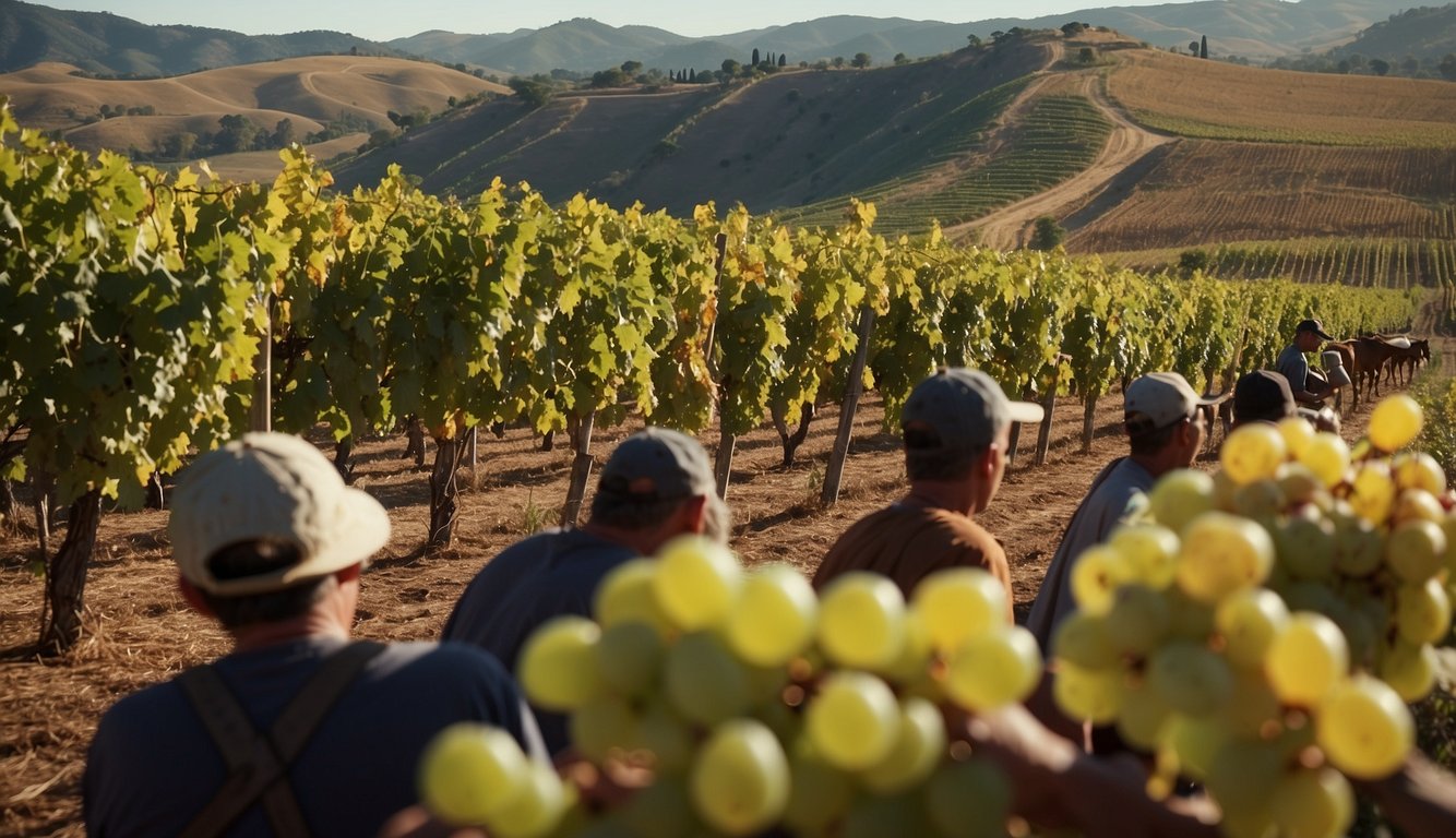 Vineyards sprawl across rolling hills, workers harvest grapes, while others crush and ferment in large barrels. Monks oversee the process, perfecting techniques in renowned wine regions