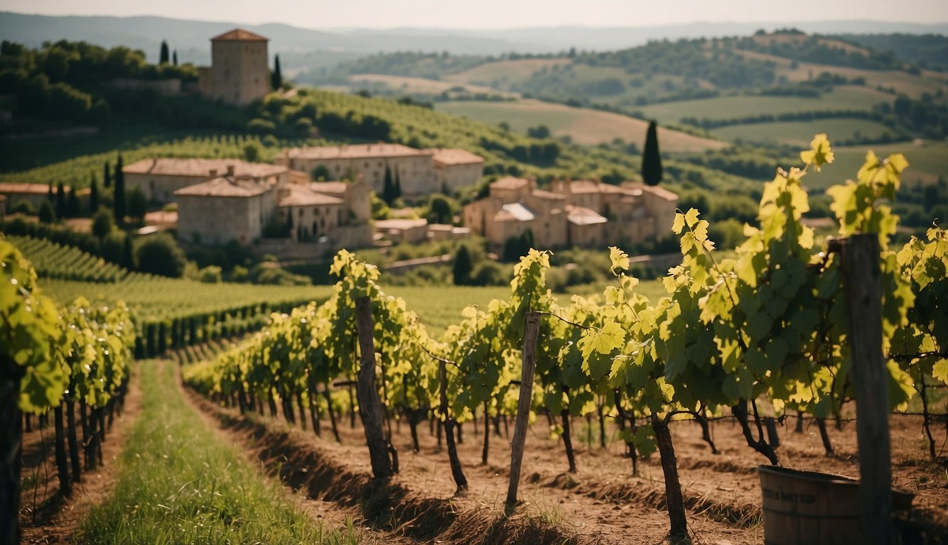 Lush vineyards sprawl across rolling hills, dotted with ancient stone wineries. Grapes ripen under the sun, surrounded by medieval castles and bustling market towns