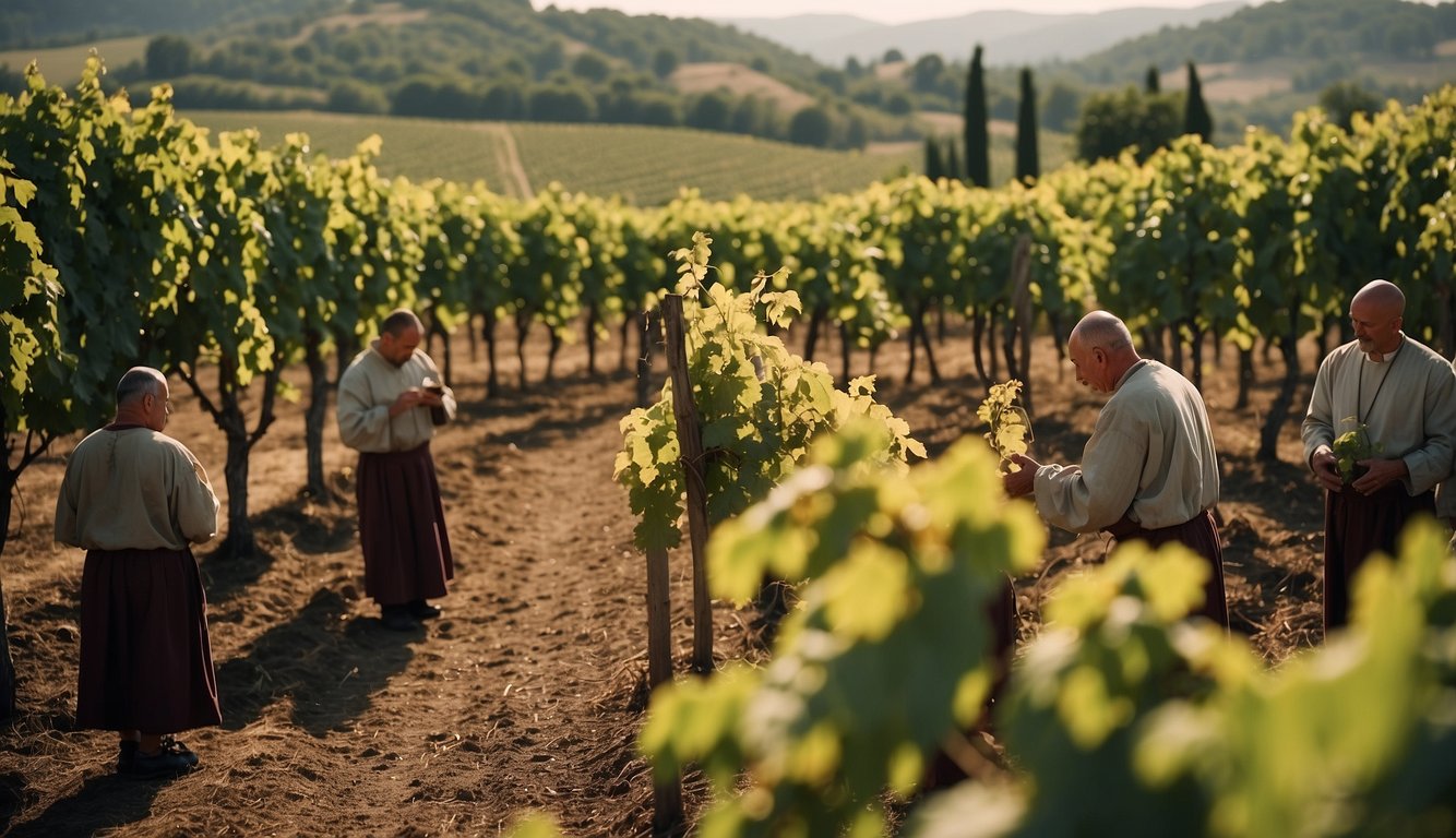 Vineyard workers tend to grapevines, as monks bless the harvest. Medieval castle overlooks the renowned wine region