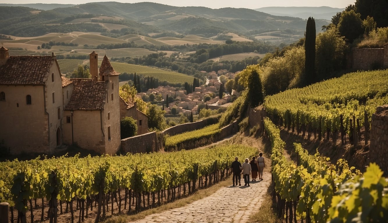 Vineyards sprawl across rolling hills, surrounded by medieval castles and bustling market towns. Merchants transport barrels of wine along cobbled streets, while peasants tend to the grapevines under the watchful eye of feudal lords