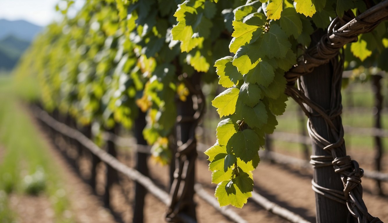 Vines trained on trellises, irrigation canals, and stone presses depict Roman viticulture techniques