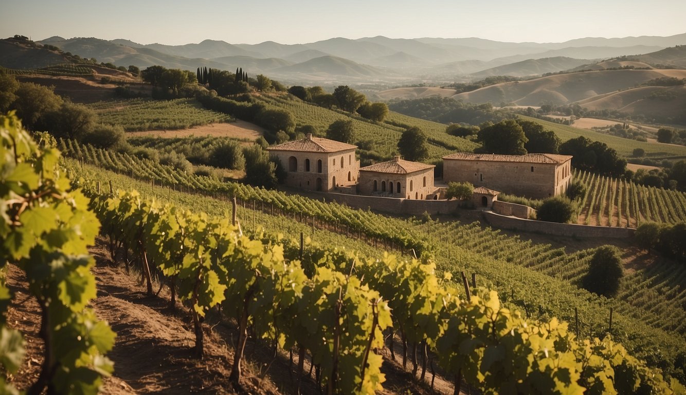 Lush vineyards spread across rolling hills, with workers tending to the grapevines. Roman architecture and aqueducts loom in the background