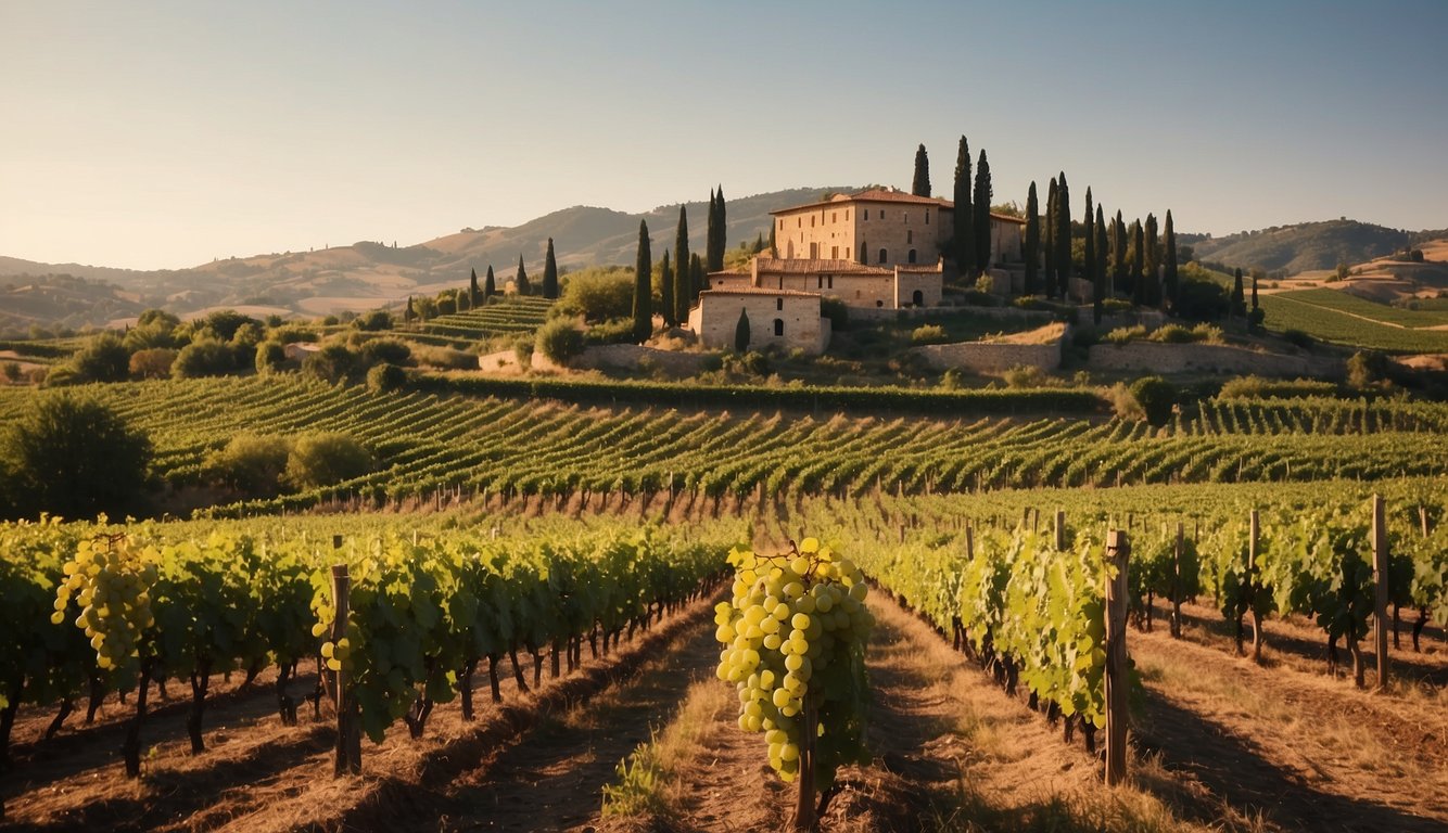 Rolling hills covered in vineyards, with ancient Roman architecture in the background. Grapes hang from the vines, while workers tend to the crops