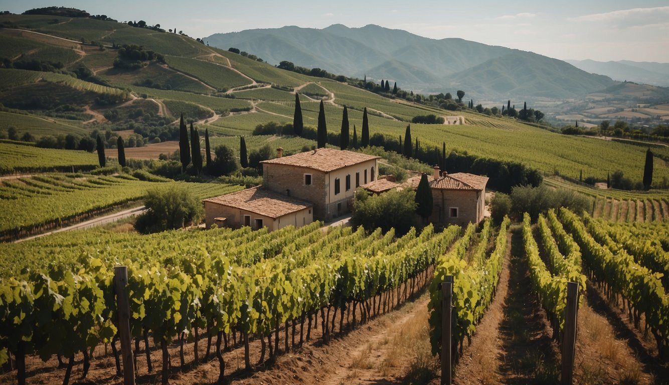 Vineyards sprawl across the Italian countryside, with workers tending to the lush grapevines. Temples and villas dot the landscape, showcasing the integration of wine into Roman religious and cultural life